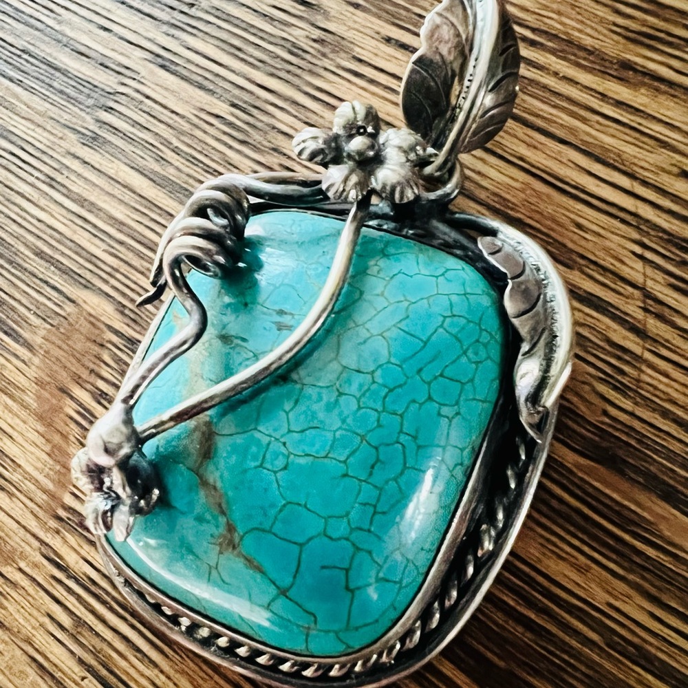 Real turquoise necklace pendant with solid silver